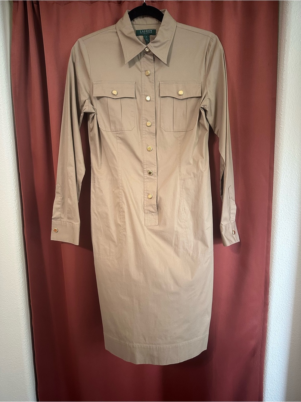 Lauren Ralph Lauren Tan Long Sleeve Shirt Dress with Gold Snap Buttons Womens 4